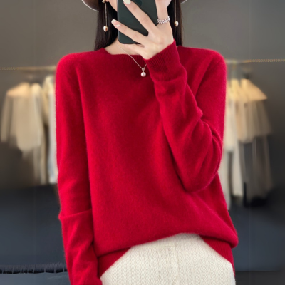 Regina - Maglione comodo in cashmere blu con scollo rotondo