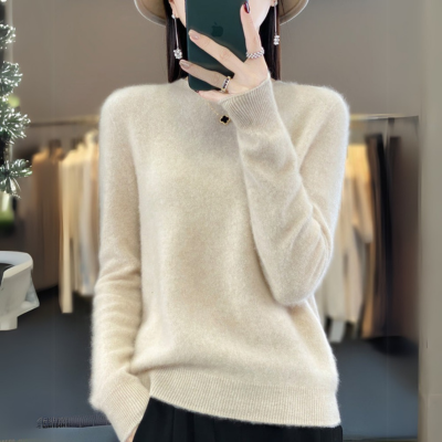 Regina - Maglione comodo in cashmere blu con scollo rotondo