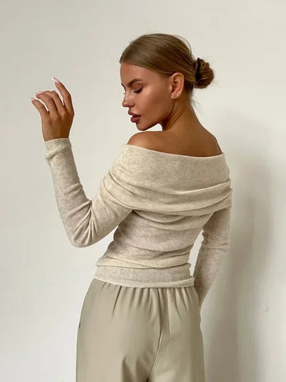 Elegante Top Off-Shoulder a Maniche Lunghe per Donne – Maglietta Stretch Scolpita