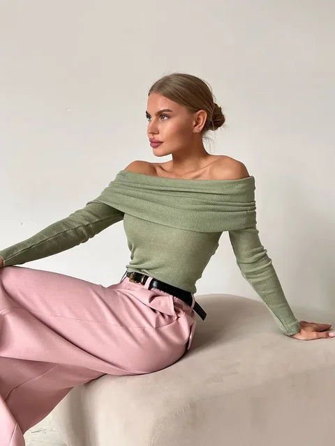 Elegante Top Off-Shoulder a Maniche Lunghe per Donne – Maglietta Stretch Scolpita