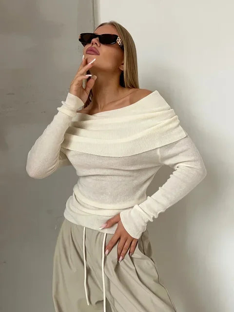 Elegante Top Off-Shoulder a Maniche Lunghe per Donne – Maglietta Stretch Scolpita