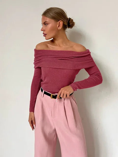 Elegante Top Off-Shoulder a Maniche Lunghe per Donne – Maglietta Stretch Scolpita