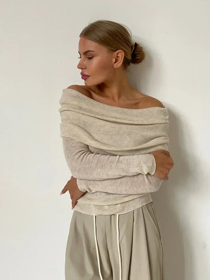 Elegante Top Off-Shoulder a Maniche Lunghe per Donne – Maglietta Stretch Scolpita