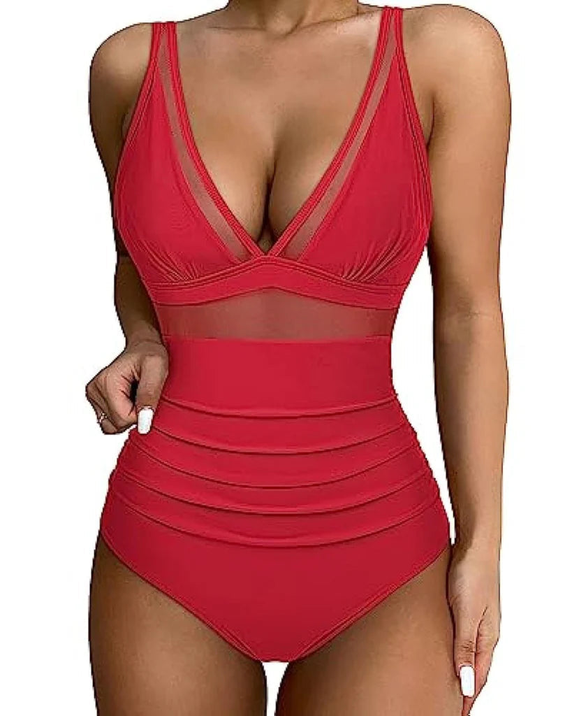 Costume da bagno elegante per donne con dettagli in rete – Scollo a V profondo e modellante