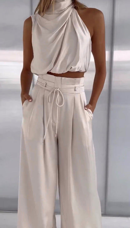 Elegante Set in Satin a Due Pezzi con Top a Collo Alto per Donne – Pantaloni Ampi e Outfit Estivo Elegante