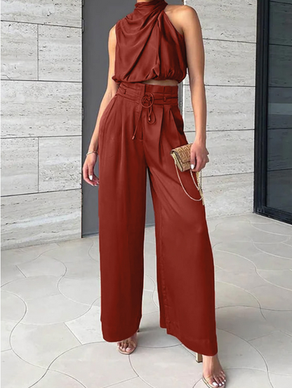 Elegante Set in Satin a Due Pezzi con Top a Collo Alto per Donne – Pantaloni Ampi e Outfit Estivo Elegante