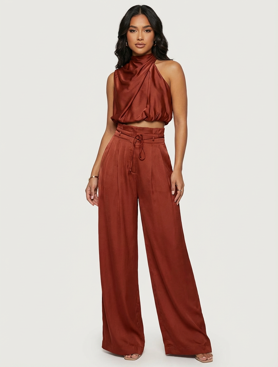 Elegante Set in Satin a Due Pezzi con Top a Collo Alto per Donne – Pantaloni Ampi e Outfit Estivo Elegante