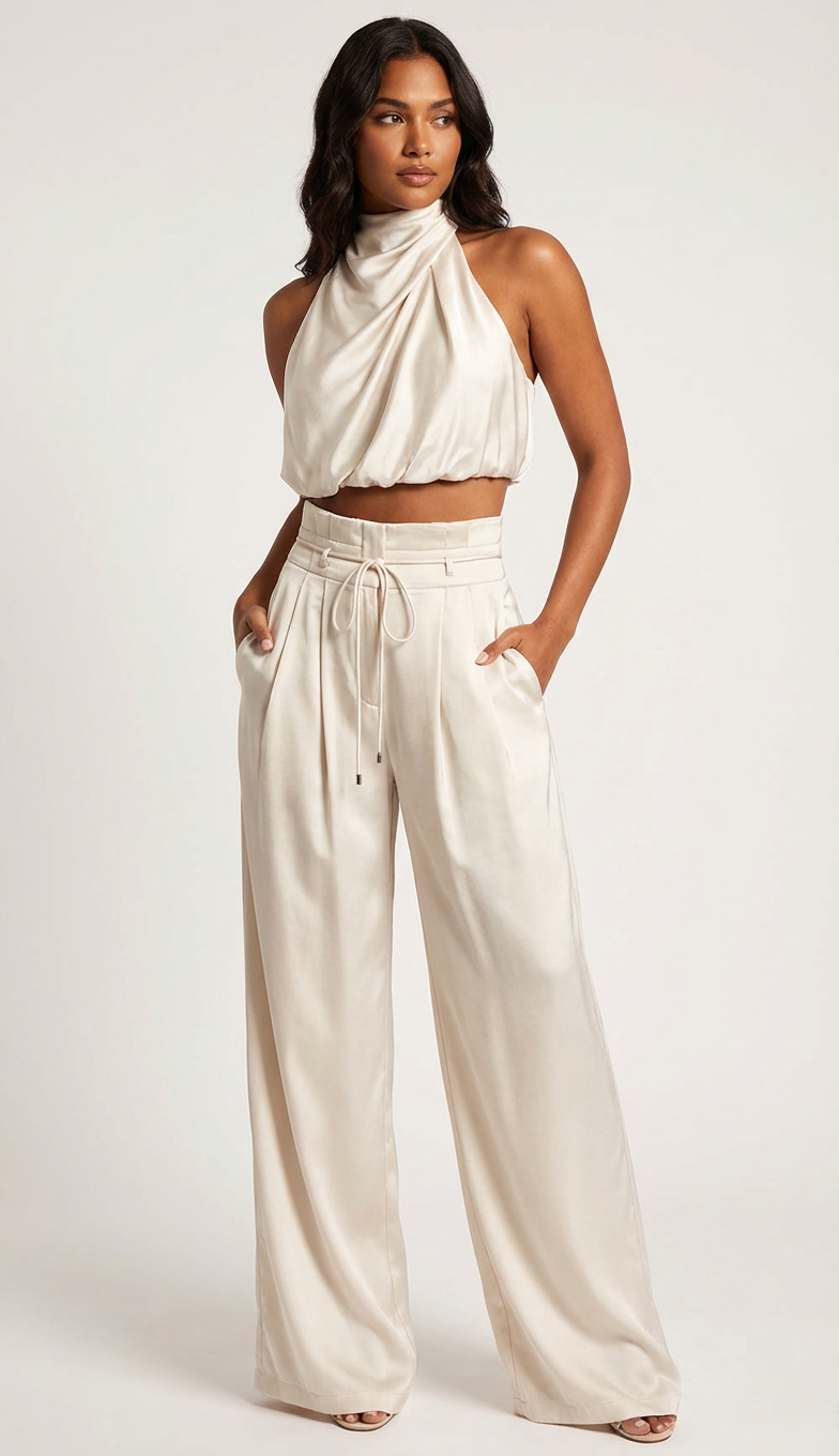 Elegante Set in Satin a Due Pezzi con Top a Collo Alto per Donne – Pantaloni Ampi e Outfit Estivo Elegante