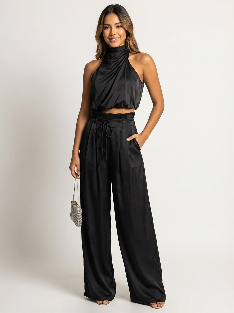 Elegante Set in Satin a Due Pezzi con Top a Collo Alto per Donne – Pantaloni Ampi e Outfit Estivo Elegante