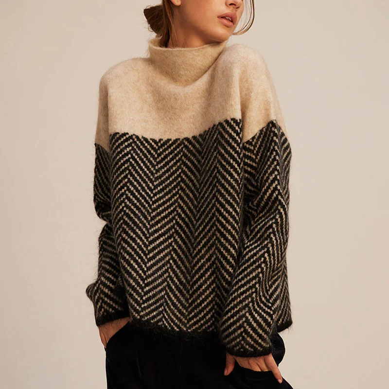 Léa - Maglione di cashmere lussuoso, morbido e ampio con colletto alto e motivo geometrico per la primavera