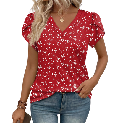 Blusa casual con scollo a V e maniche a volant per donne – Elegante top estivo