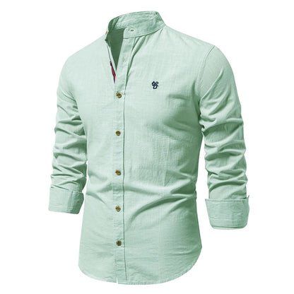 Camicia elegante con colletto alla coreana in misto cotone-lino – Camicia casual traspirante per uomini