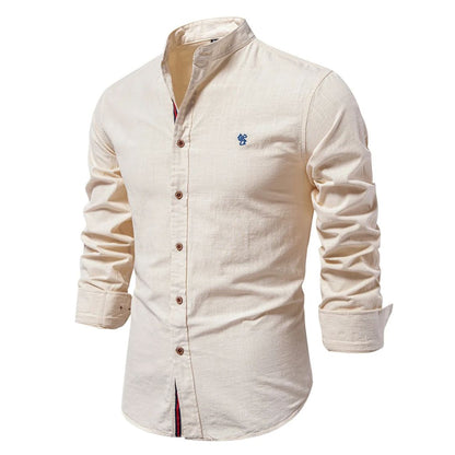 Camicia elegante con colletto alla coreana in misto cotone-lino – Camicia casual traspirante per uomini
