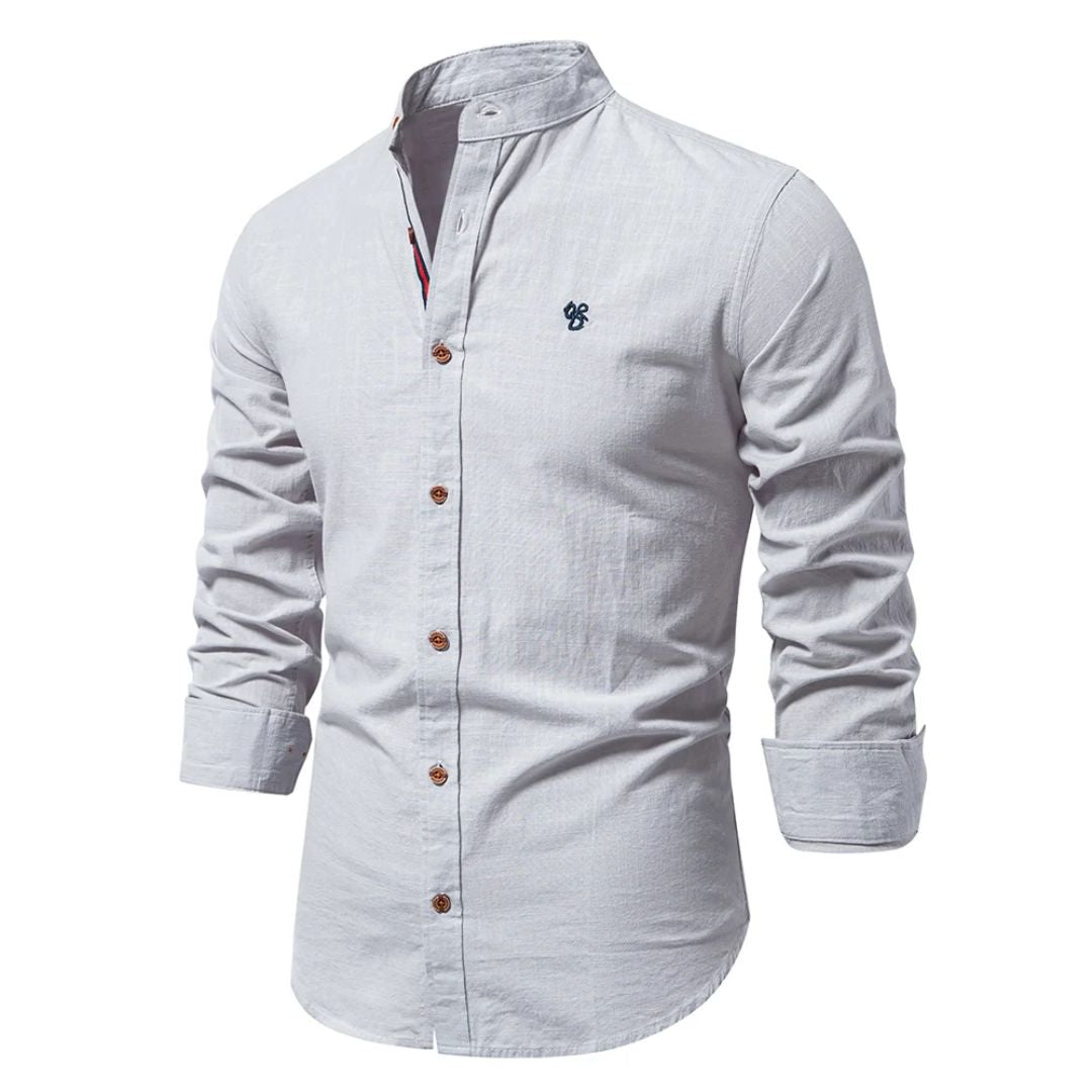 Camicia elegante con colletto alla coreana in misto cotone-lino – Camicia casual traspirante per uomini