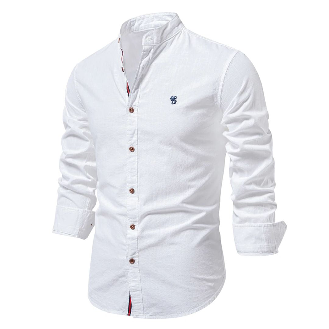 Camicia elegante con colletto alla coreana in misto cotone-lino – Camicia casual traspirante per uomini