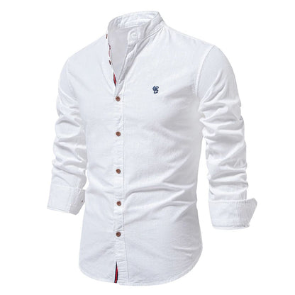 Camicia elegante con colletto alla coreana in misto cotone-lino – Camicia casual traspirante per uomini