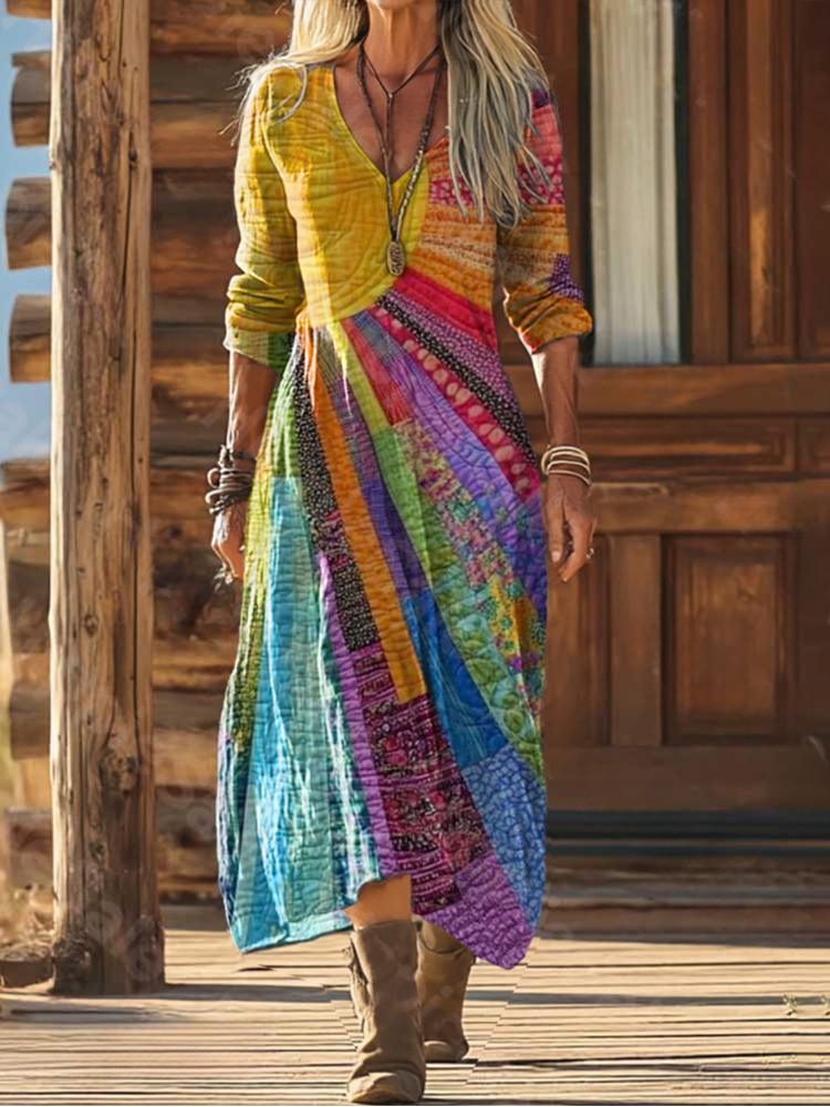 Abito Maxi Boho per Donne con Stampa Patchwork Colorata – Abito Estivo Lungo con Scollatura a V