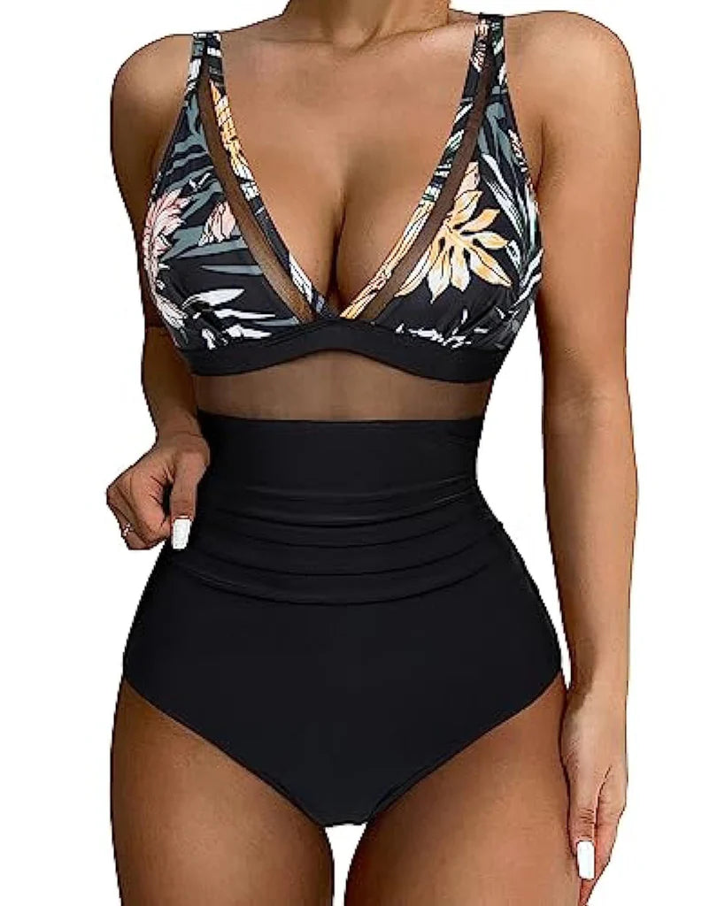 Costume da bagno elegante per donne con dettagli in rete – Scollo a V profondo e modellante