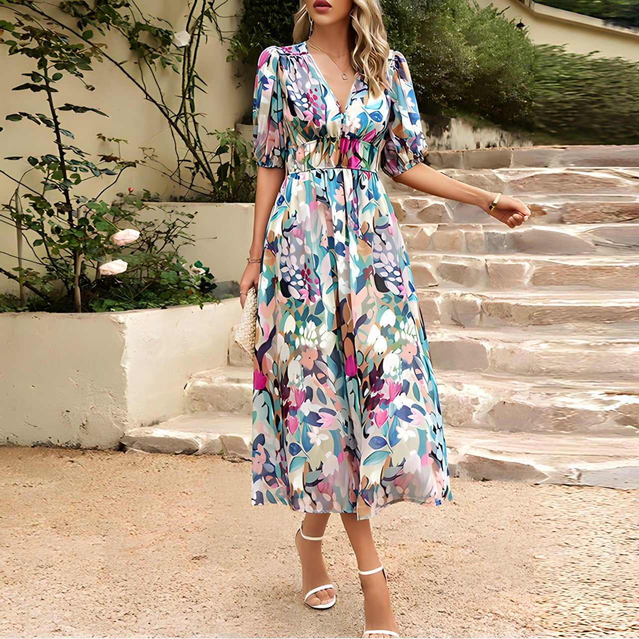 Elegante vestito midi estivo con scollatura a V e stampa floreale – Abito leggero per donne