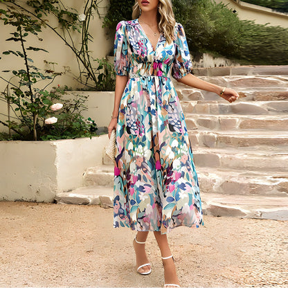Elegante vestito midi estivo con scollatura a V e stampa floreale – Abito leggero per donne