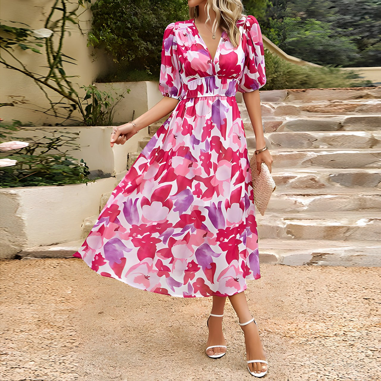 Elegante vestito midi estivo con scollatura a V e stampa floreale – Abito leggero per donne