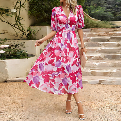 Elegante vestito midi estivo con scollatura a V e stampa floreale – Abito leggero per donne
