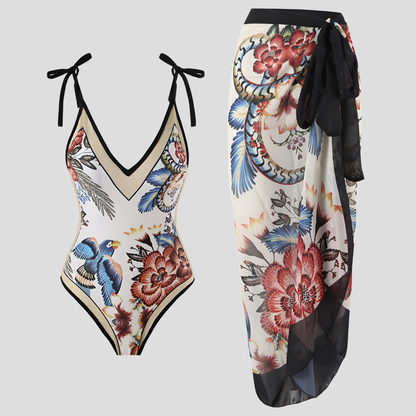 Set costume da bagno con pareo – stampa tropicale e elegante outfit da spiaggia per donne