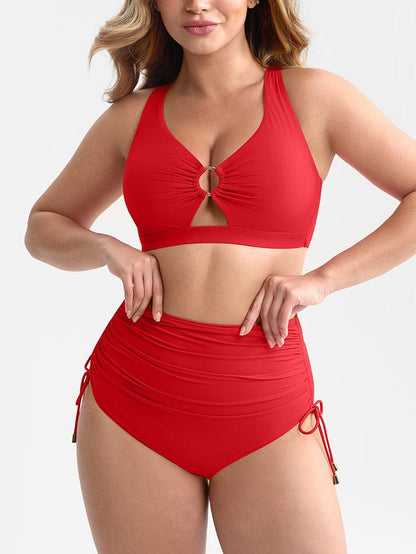 Set Bikini Modellante con Vita Alta e Ruches – Elegante Set di Costumi da Bagno Push-Up per Donne