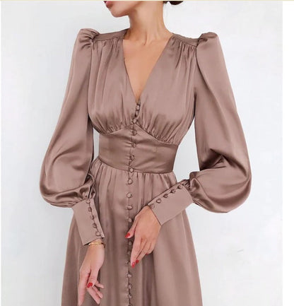 Elegante abito midi con scollo a V e bottoni – Abito lungo fluente per donne