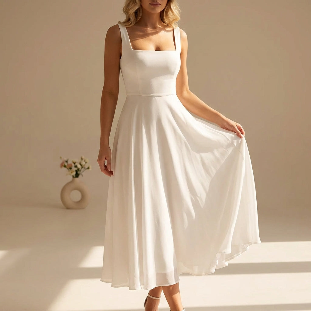 Abito midi elegante da donna con linea A – Abito estivo aderente con gonna fluida
