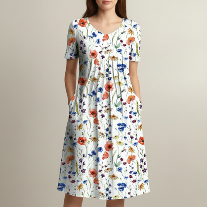 Abito estivo leggero con fiori e tasche – Vestito casual per donne
