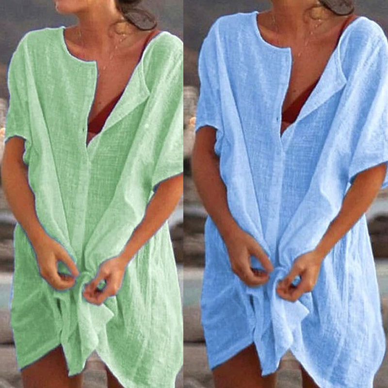Abito tunica leggero da spiaggia con bottoni e taglio morbido per donne – Cover-Up estivo leggero
