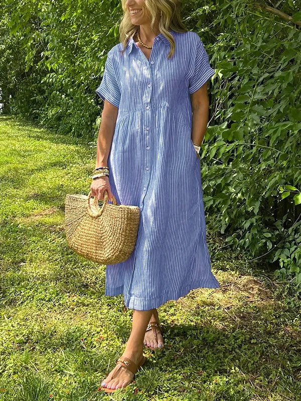 Abito camicia midi a righe casual con bottoni – Abito estivo leggero con tasche per donne