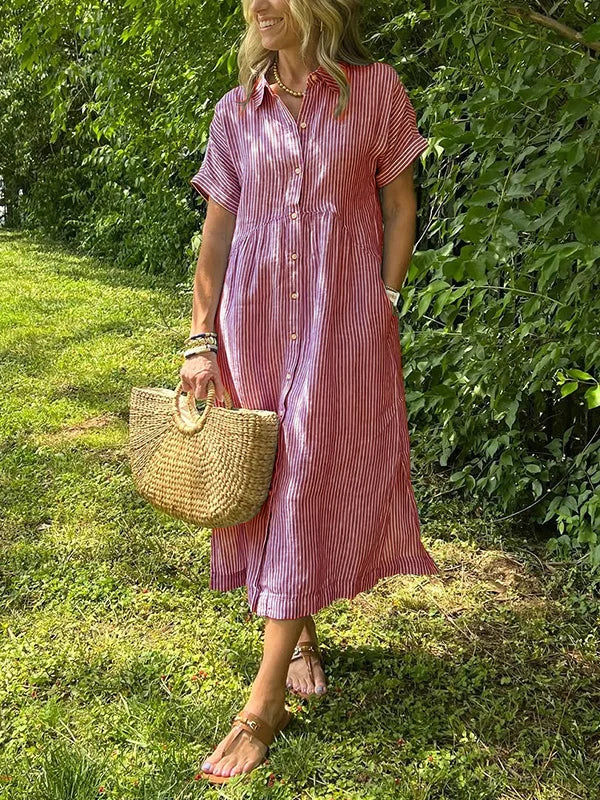 Abito camicia midi a righe casual con bottoni – Abito estivo leggero con tasche per donne