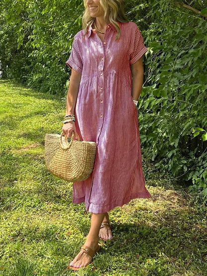 Abito camicia midi a righe casual con bottoni – Abito estivo leggero con tasche per donne