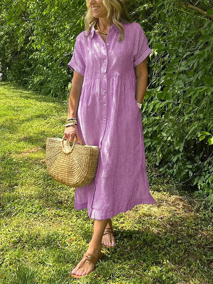 Abito camicia midi a righe casual con bottoni – Abito estivo leggero con tasche per donne