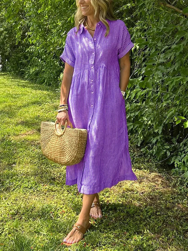 Abito camicia midi a righe casual con bottoni – Abito estivo leggero con tasche per donne