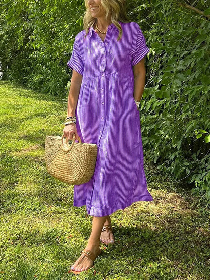 Abito camicia midi a righe casual con bottoni – Abito estivo leggero con tasche per donne