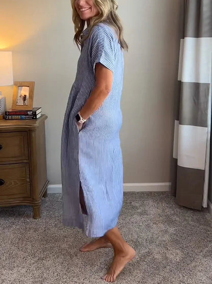 Abito camicia midi a righe con bottoni – Abito estivo leggero con tasche per donne