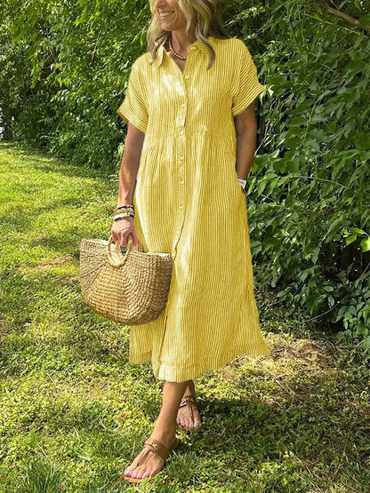 Abito camicia midi a righe casual con bottoni – Abito estivo leggero con tasche per donne