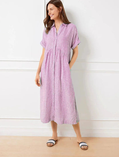Abito camicia midi a righe casual con bottoni – Abito estivo leggero con tasche per donne
