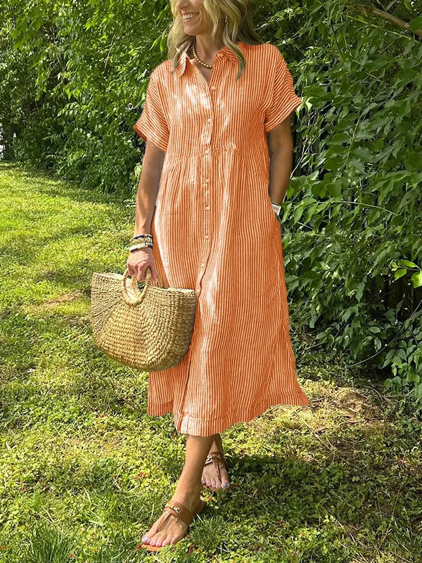 Abito camicia midi a righe con bottoni – Abito estivo leggero con tasche per donne