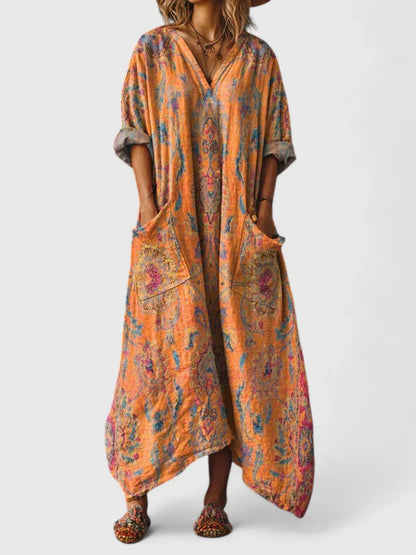 Abito Maxy Boho per Donna con Stampa e Tasche – Abito Estivo Oversize in Stile Vintage