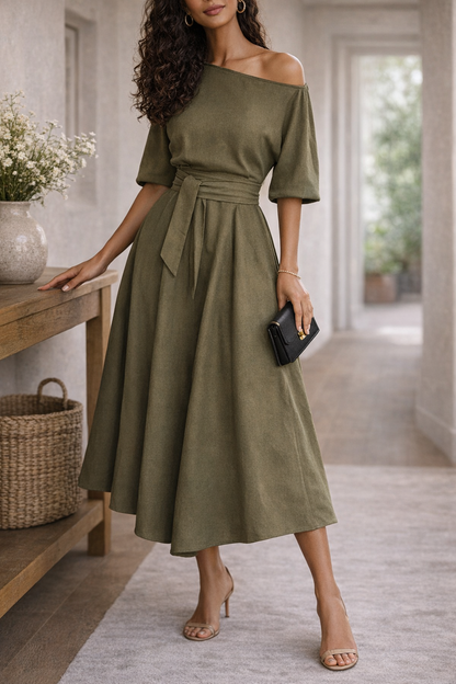Elegante abito midi con cintura per donne – Abito a campana femminile per occasioni speciali