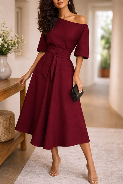 Elegante abito midi con cintura per donne – Abito a campana femminile per occasioni speciali
