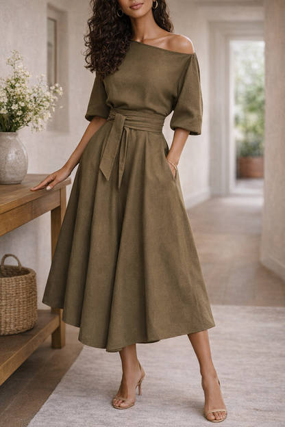Elegante abito midi con cintura per donne – Abito a campana femminile per occasioni speciali