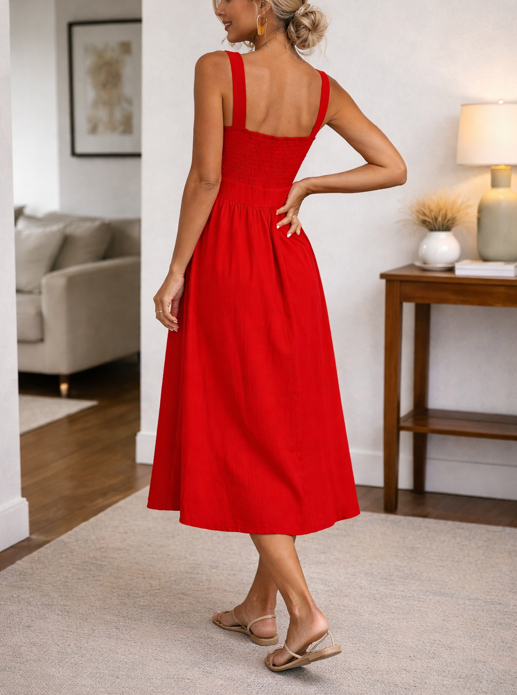 Elegante abito midi con scollatura quadrata per donne – Abito estivo senza maniche a A