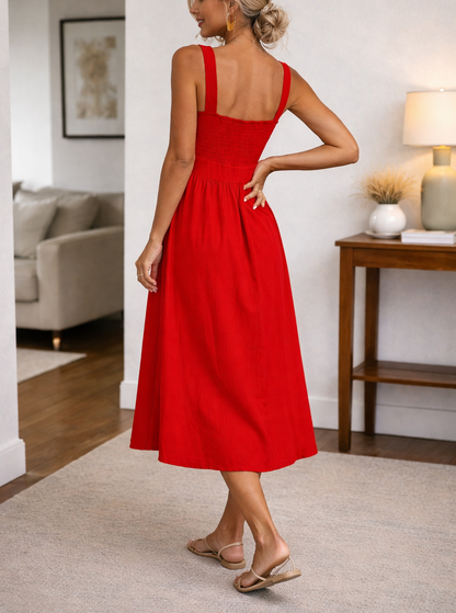 Elegante abito midi con scollatura quadrata per donne – Abito estivo senza maniche a A