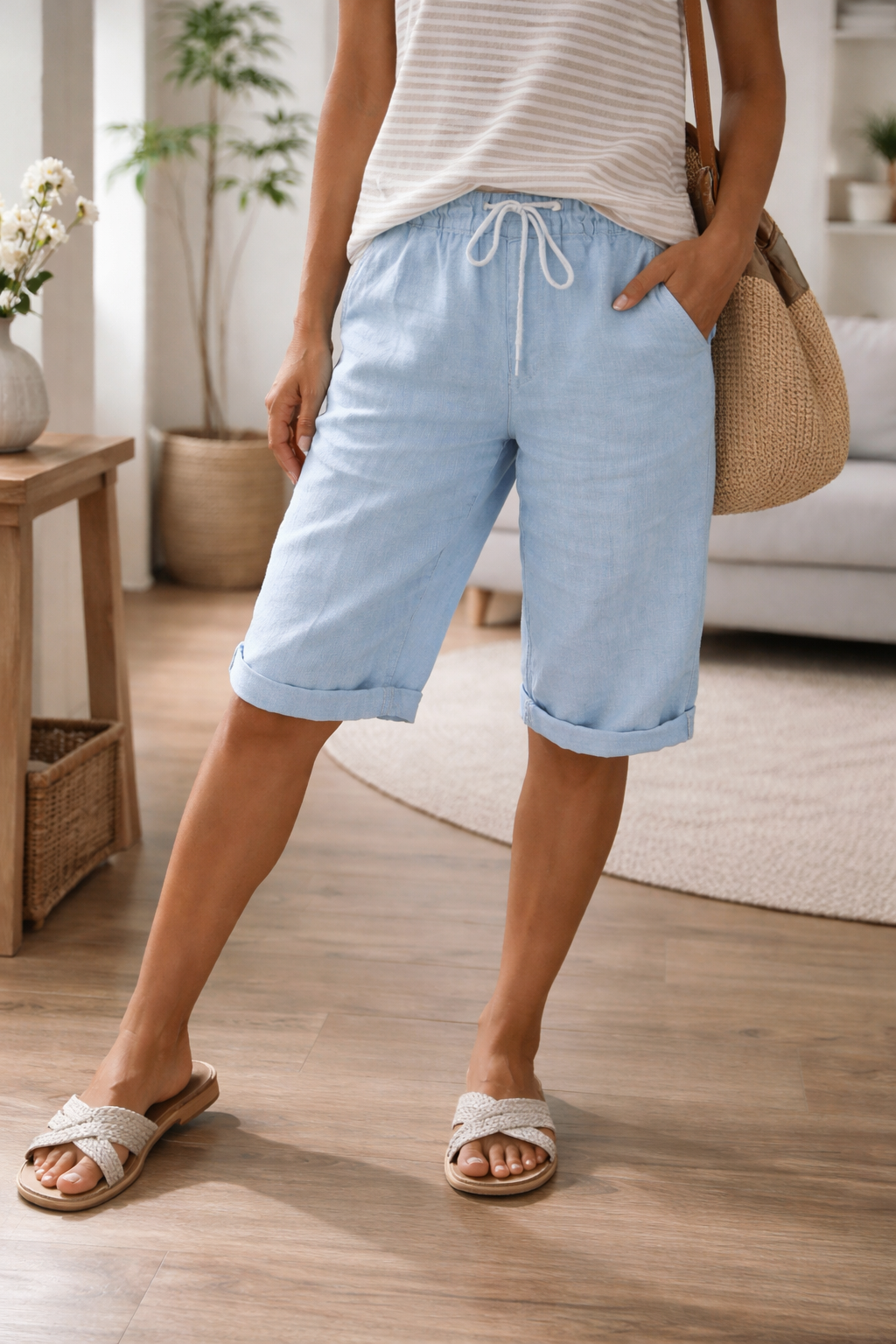 Pantaloni Bermuda casual con cordoncino per donne – Pantaloni estivi comodi con tasche