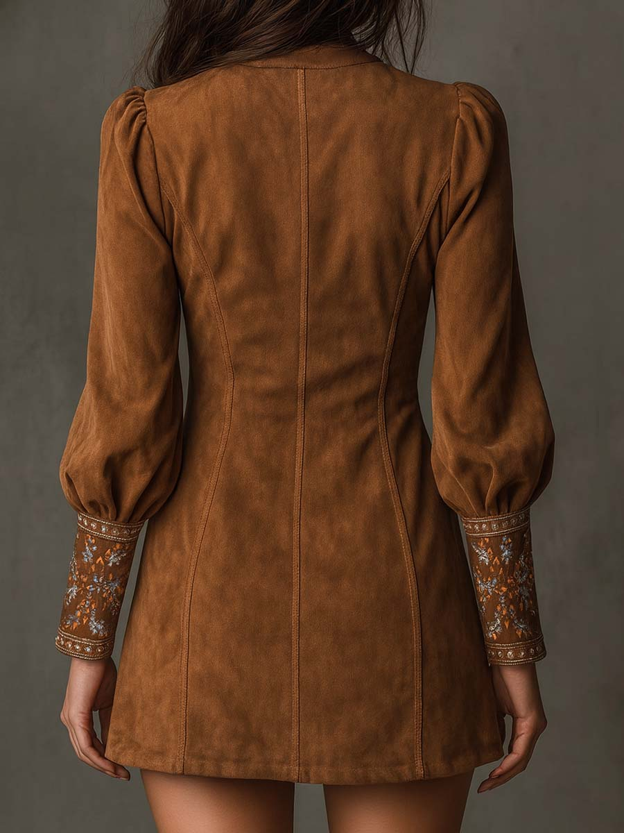 Elegante Mini Abito con Ricamo – Abito Boho Scollo a V Attillato per Donne